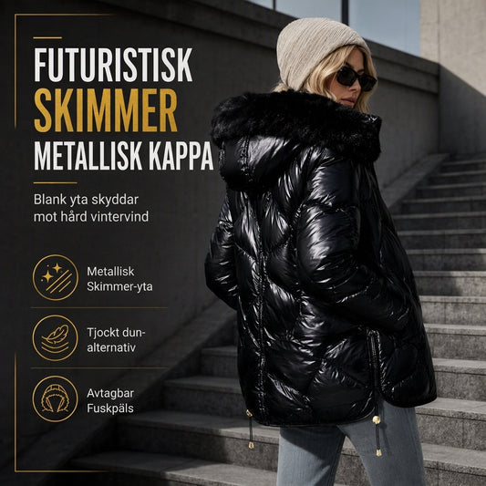 Vinterns slim-fit kappa för kvinnor med glansigt pärlskimrande yttre, huva och pälskrage i bomull