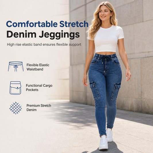 Jeggings för damer med hög midja, elastisk dragsko, cargo-stil och smal passform i denim