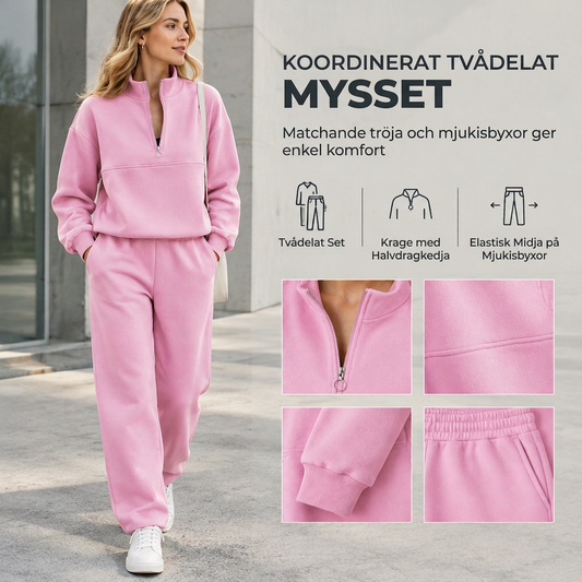 Casual tvådelad set i enfärgad design – kavaj med dragkedja och krage samt långbyxor för höst och vinter