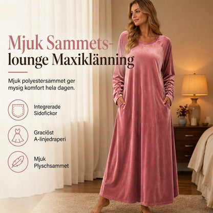 Kvinnlig avslappnad sammetklänning med rund halsringning och fickor
