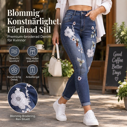Stretchiga jeans med blomsterbroderi för kvinnor
