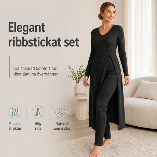✨ Lätt daglig komfort | Dam tvådelad set med långärmad ribbad topp och smala byxor