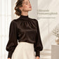 elegant fransk stil satinblus med stående krage och långa lanternärmar för höst- och vinterlag