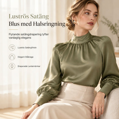 elegant fransk stil satinblus med stående krage och långa lanternärmar för höst- och vinterlag