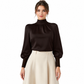 elegant fransk stil satinblus med stående krage och långa lanternärmar för höst- och vinterlag