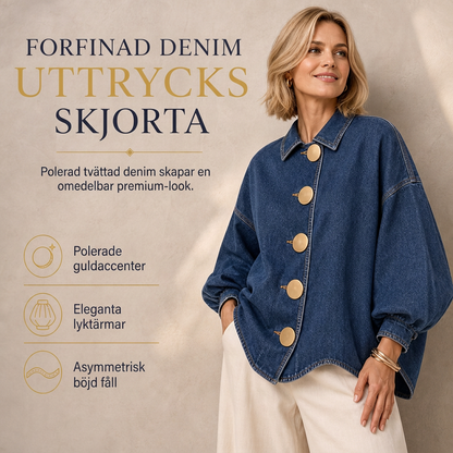 Oversized tvättad denimskjortkappa med iögonfallande guldknappar och lyktärmar