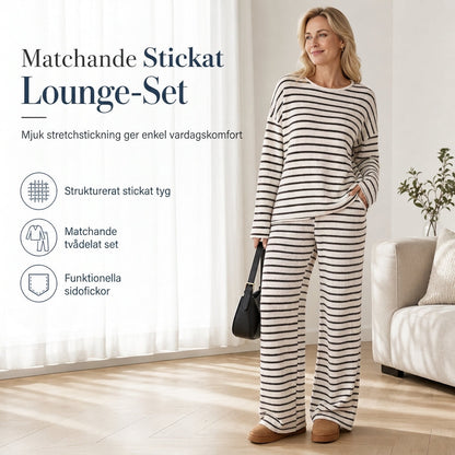 Lounge-set i casual, lös passform för kvinnor med randig långärmad topp med rund halsringning och byxor med dragsko