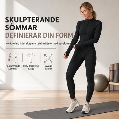 Ribbställd mocka-halsad halvdragkedjad jumpsuit för kvinnor, högpresterande yoga- och träningsbodysuit