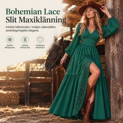 Kvinnor Bohemian V-ringad långärmad spetslappning Tiered Maxi klänning med fickor