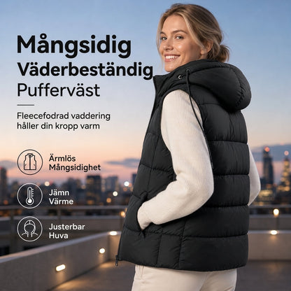 🧥 Vadderad väst med huva för kvinnor – Justerbar dragsko och hel dragkedja ✨