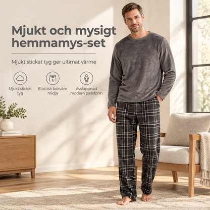 Mjuk plyschstickad loungetröja och pyjamas för män med rundhalsad tröja i enfärgad design och rutiga byxor