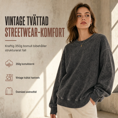 🥰Unisex vintage-tröja i tvättad, tjock kvalitet med rund hals