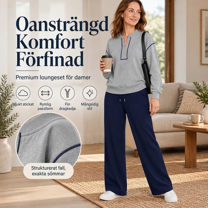 Långärmad halvlångärmad topp i halvzip-model och byxsats med vida ben