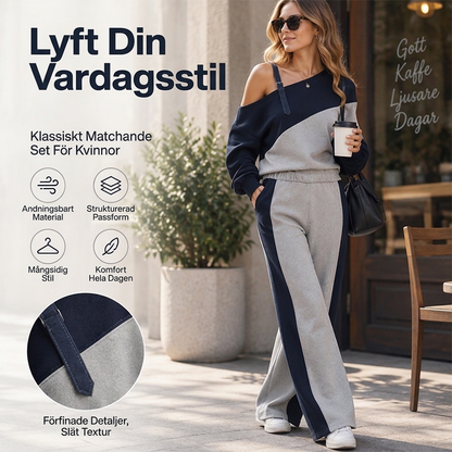 Kvinnlig avslappnad tvådelad uppsättning med färgblock och off-shoulder-design