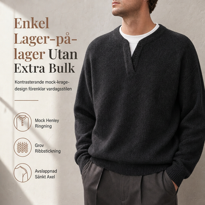 Herr Retro Henley-krage Mock Two Piece Tröja Avslappnad passform Långärmad Stickad Pull-over för höst och vinter